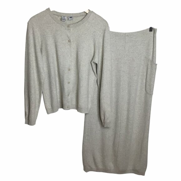 Vintage DKNY Classic Oatmeal Knit Cardigan Skirt Set Cotton Linen L Hong Kong - Picture 1 of 8